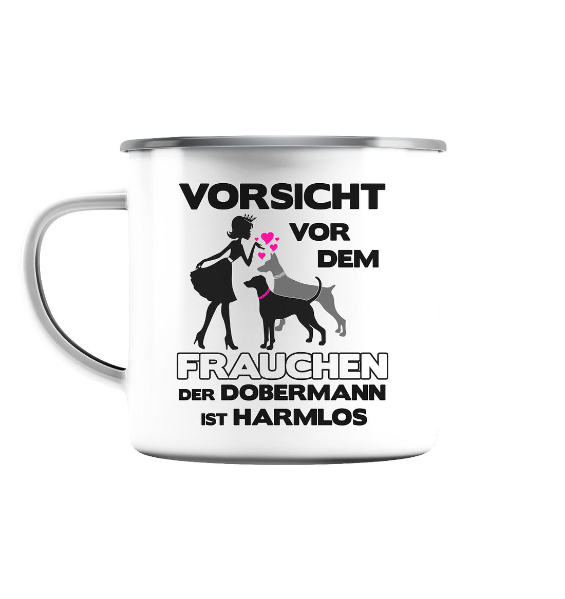 Vorsicht vor dem Frauchen - Trinkgefäße - Emaille Tasse (Silber)